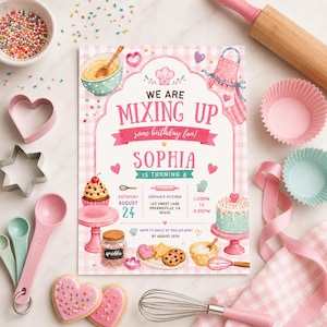 May include: A rectangular birthday invitation card with a pink gingham border, featuring illustrations of baking tools, a cupcake, a cake, and cookies. The text reads: WE ARE MIXING UP some birthday fun! SOPHIA IS TURNING 8. Includes event details.