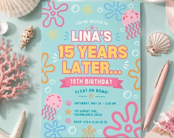 Editable Sponge Under The Sea Birthday Invitation, Years Later Sponge, Birthday Invitation Template, Sponge Birthday, Canva Template