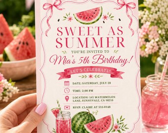Watermelon Birthday Invitation, Editable Canva Sweet As Summer Girl Birthday Invite, Printable Summer Party Template