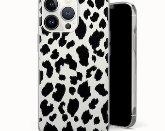 May include: A clear phone case with a black and white dalmatian print. The case is on a smartphone, with the camera lenses visible. The phone's screen is black. The case is designed to protect the phone from scratches and damage.