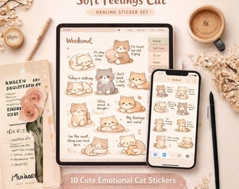 May include: A digital art set featuring a tablet and smartphone displaying cute cat stickers with emotional quotes. The phrase "Soft Feelings Cat" is at the top. The set includes a cup of coffee, a pen, and decorative elements.