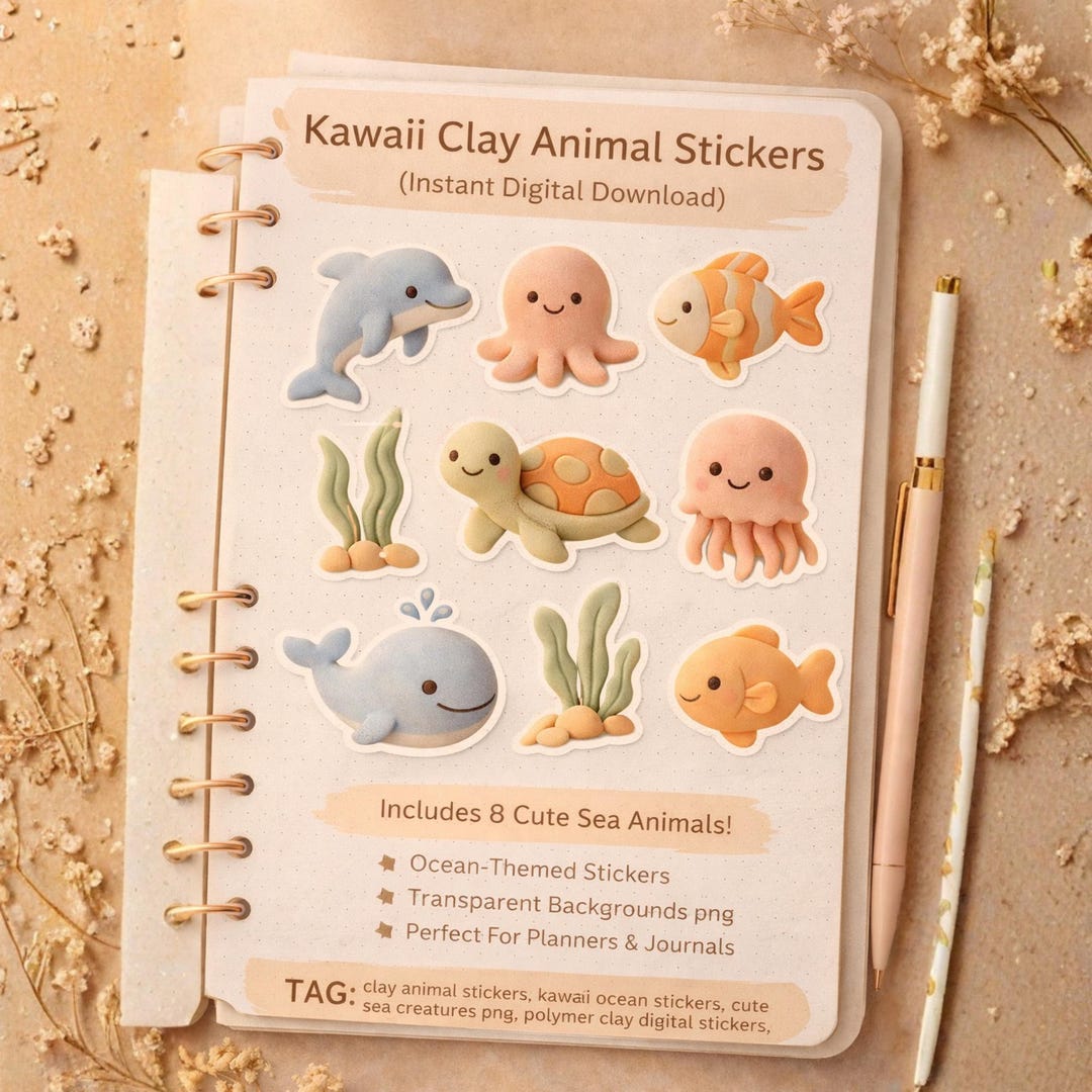 Kawaii Ocean Clay Animal Stickers – Cute Sea Creatures PNG Set for ...