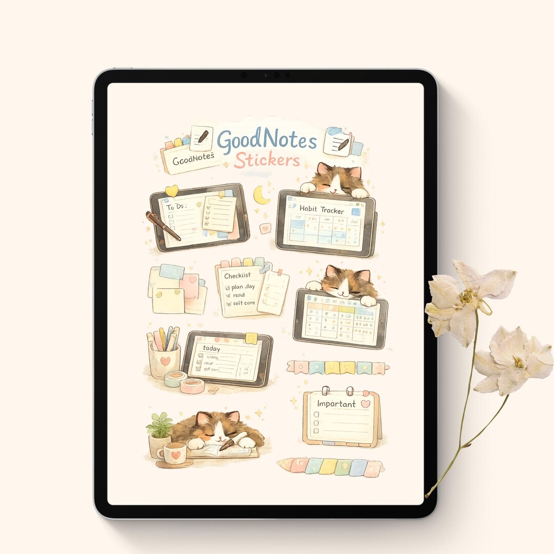 Goodnotes Stickers PNG | Cozy Cat Planner Elements | Digital Decor for ...