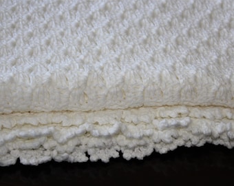 White Unisex Crochet Baby Blanket