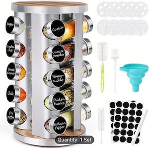 Rotating Spice Rack Organizer with 20 Glass Jars - Stainless Steel.