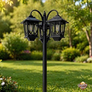 May include: A black outdoor lamp post with three lantern-style lights. The lamps have a decorative, geometric design and are mounted on a tall, black pole. The background shows a green lawn and trees.
