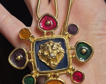 Cabochon Leone Smaltato Marrone Con Strass E Oro – 35x29mm, Fonderia In Metallo Placcato, Vintage - Foto 5