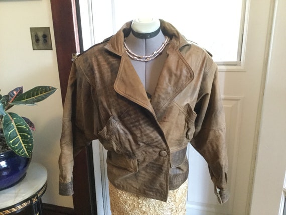 Vintage 80s Leather Ladies Bomber Jacket Bat Wings - image 1