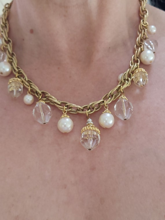 Vintage Faux pearl and Lucite Crystal Necklace