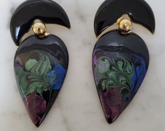 Chunky 80s Large swirled Art Enameled Earrings