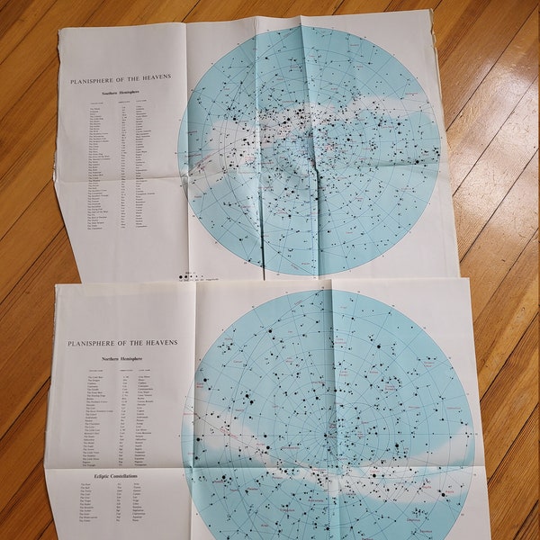 Polar Star Maps/North &South Constellations/Astronomy Prints 1964