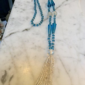 Glass Turquoise Beaded Flapper Tassel Necklace