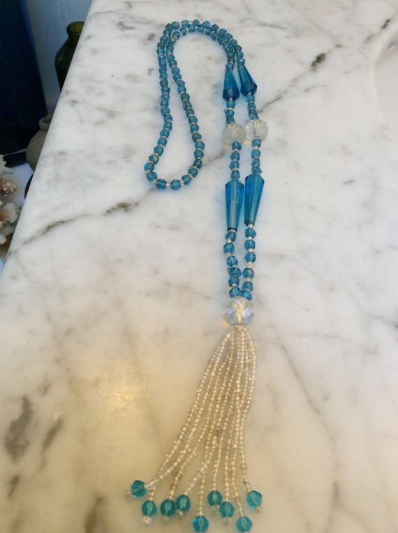 Glass Turquoise Beaded Flapper Tassel Necklace