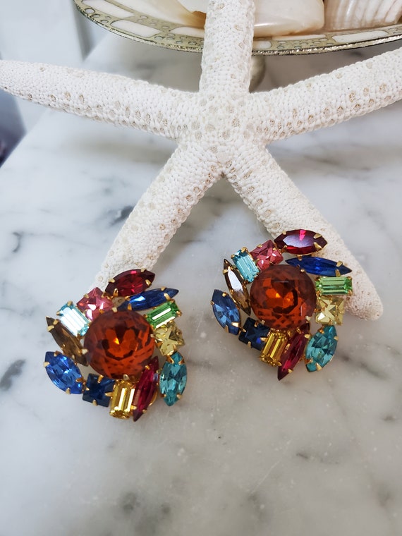 Vintage 80s Colorful Rhinestone Earrings Clip ons - image 1