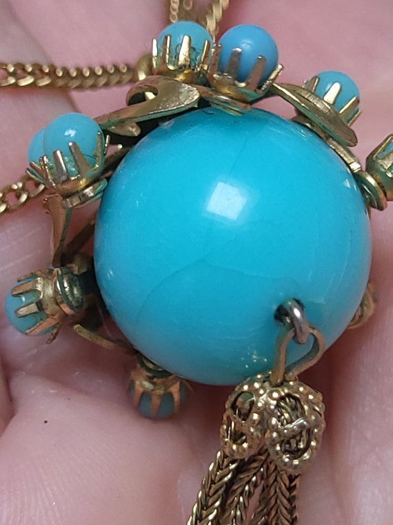 Vintage 60s Turquoise Beaded Ball Fringe Pendant … - image 2