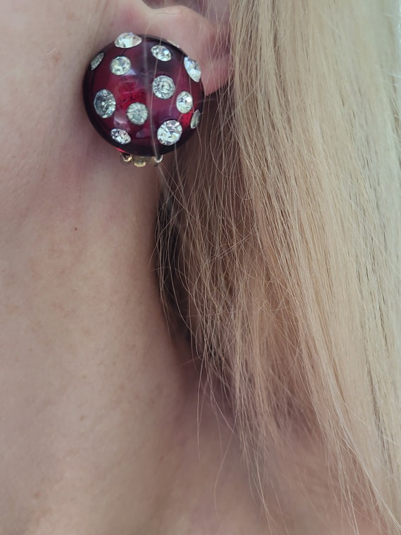RED Lucite and Rhinestone Clip on Earrings - image 5