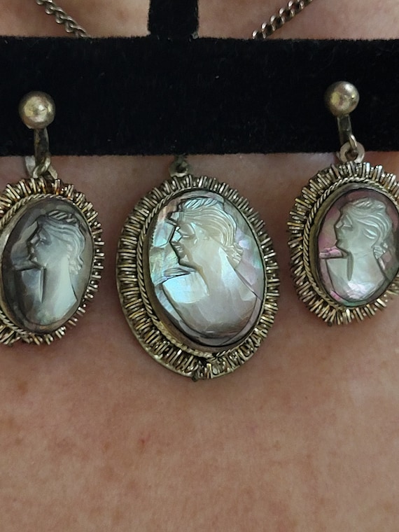 Antique Cameo Carved Earrings and Necklace Set