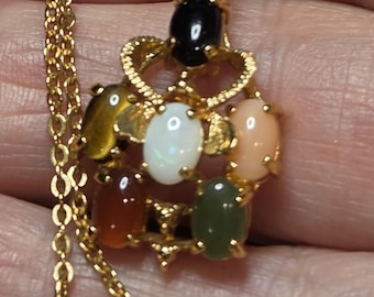 Semi Precious Multi Colored Stone Pendant Necklace
