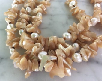Vintage Fresh Water Pearls/Beige Stone Triple Strand Necklace