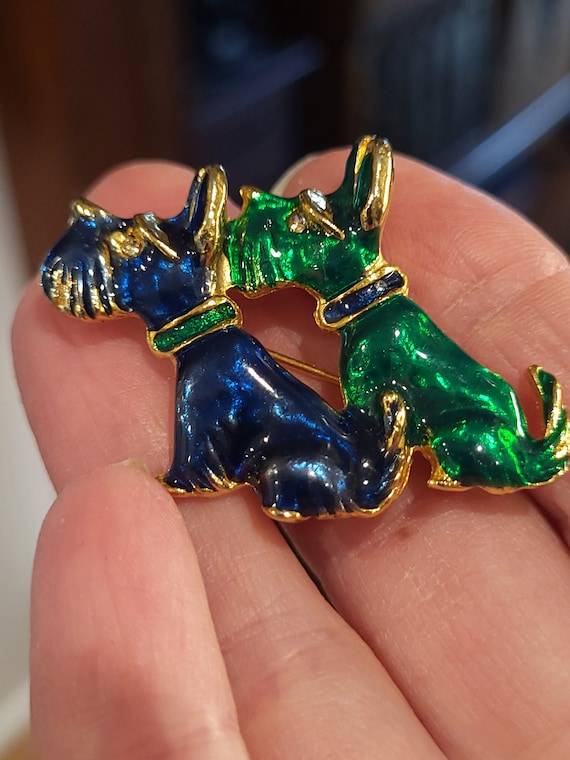 Vintage Scottie Dog Brooch/Enameled Blue and Green