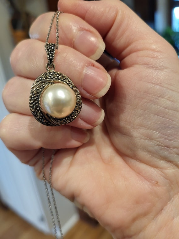 Large Faux Pearl and Marqusite Pendant Necklace S… - image 1