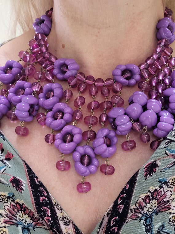 Vintage chunky Purple Flowered Beaded Necklace - image 2