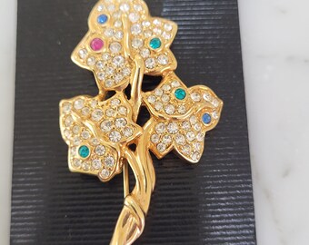 Swarovski Violin Brooch Vintage Crystal 22ct Gold Plated Large