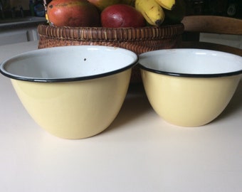 Vintage Yellow Enameled Farmhouse Metal Bowls