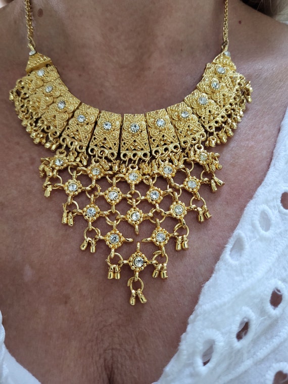 Gorgeous Bright Goldtone Bib Necklace with Rhinest