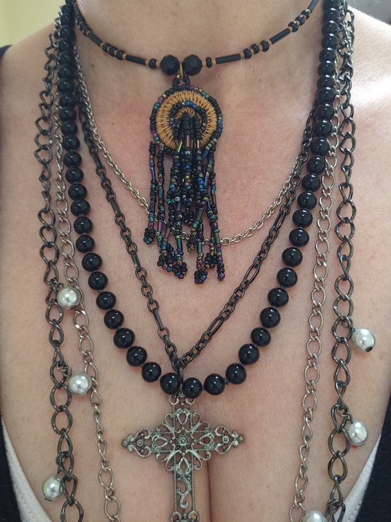 Layering Three Necklaces Black Vintage Beaded with