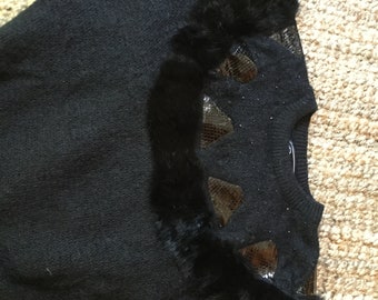 Vintage 80s Black Batwing Fur And Leather Sweater