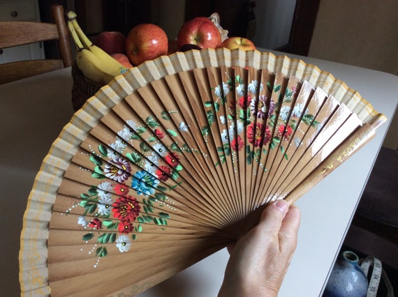 Vintage wooden Hand Painted Fan/Doubled sided hand
