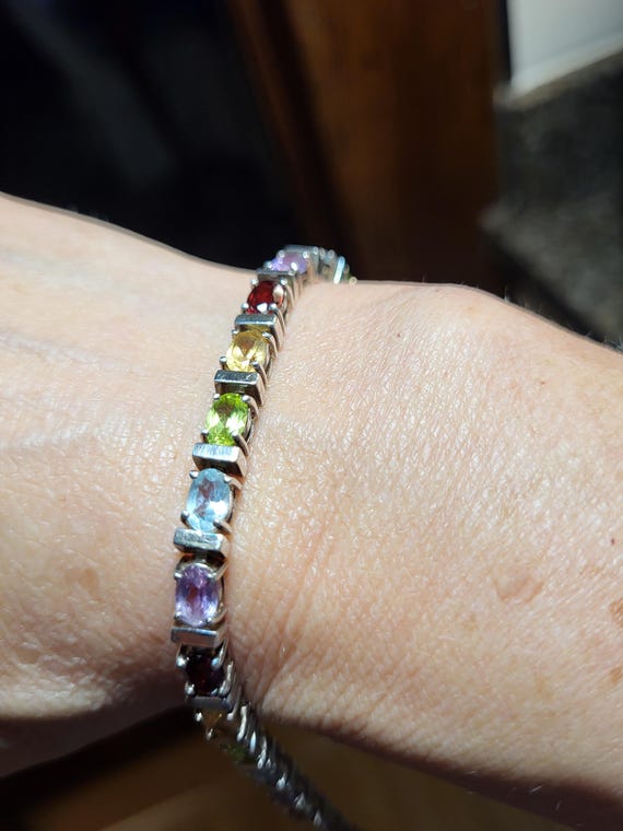 Sterling Silver Gemstone Multi colored Tennis bra… - image 2