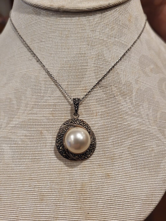 Large Faux Pearl and Marqusite Pendant Necklace S… - image 8