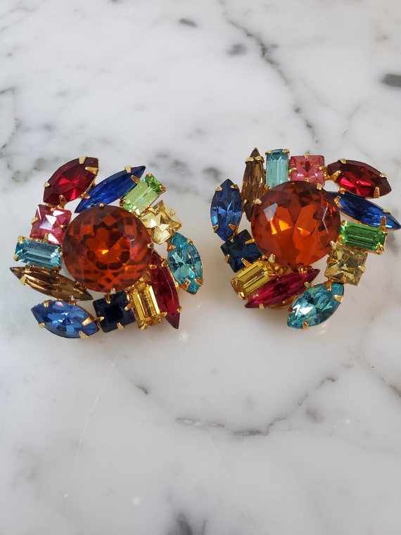 Vintage 80s Colorful Rhinestone Earrings Clip ons - image 2