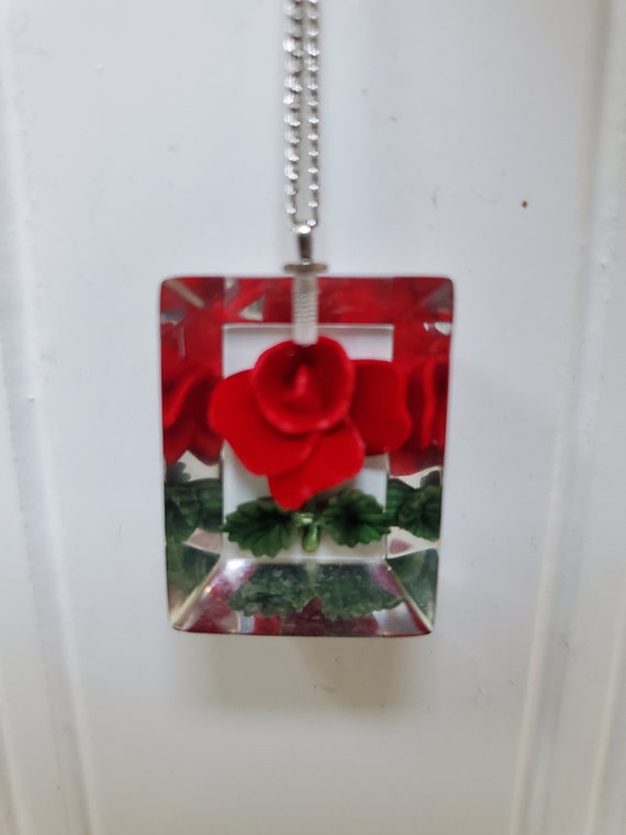 Vintage Lucite Red Rose Necklace Sterling Chain