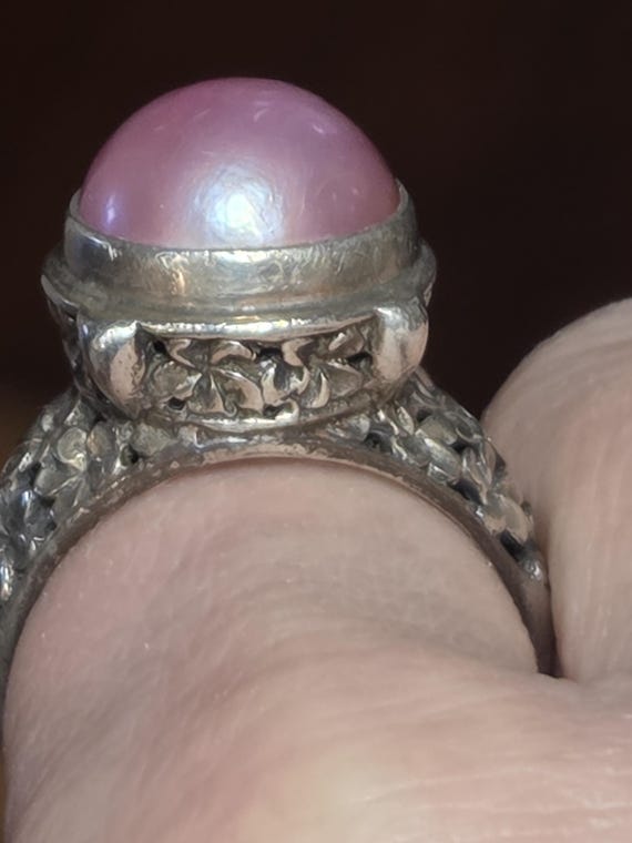 Sterling Silver Statement Ring Large Dyed Pink Pe… - image 3