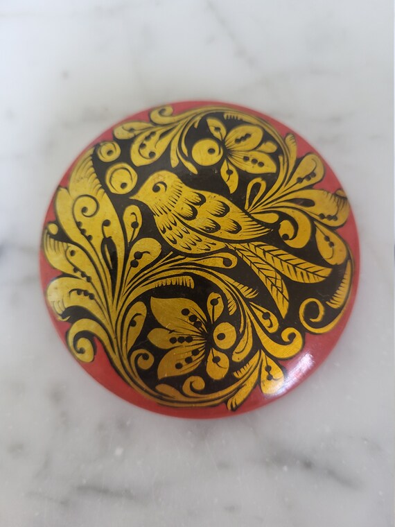 Vintage Hand Painted Russian Wooden Brooch - image 1