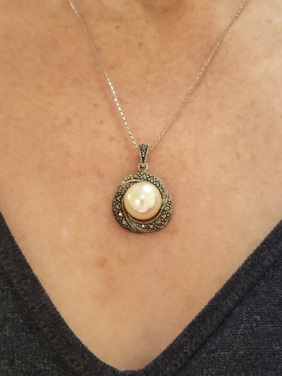 Large Faux Pearl and Marqusite Pendant Necklace S… - image 3