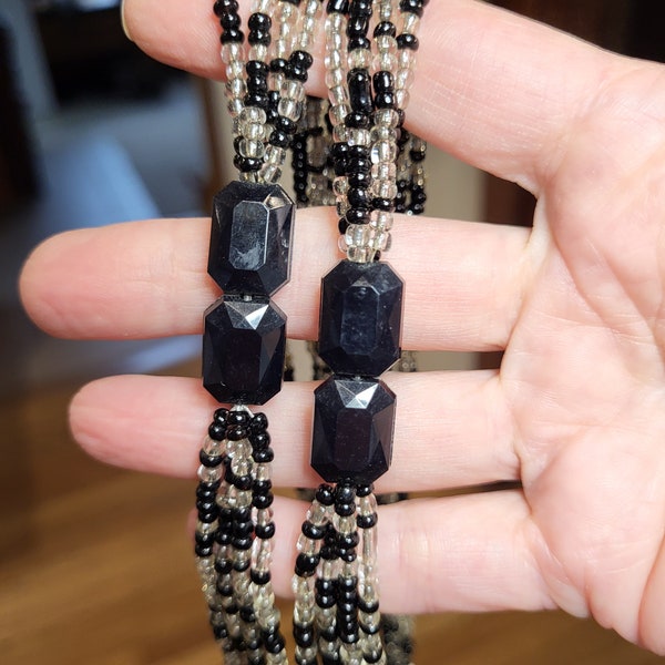 Art Deco Flapper Girl Glass Long Beaded Black and Clear Beaded Necklace