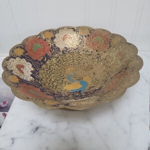 Vintage Brass Footed Bowl Peacock Motif