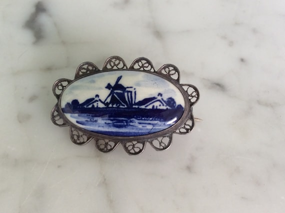 Delft Blue and White Brooch Windmill - image 1