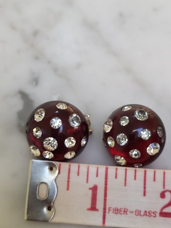 RED Lucite and Rhinestone Clip on Earrings - image 2