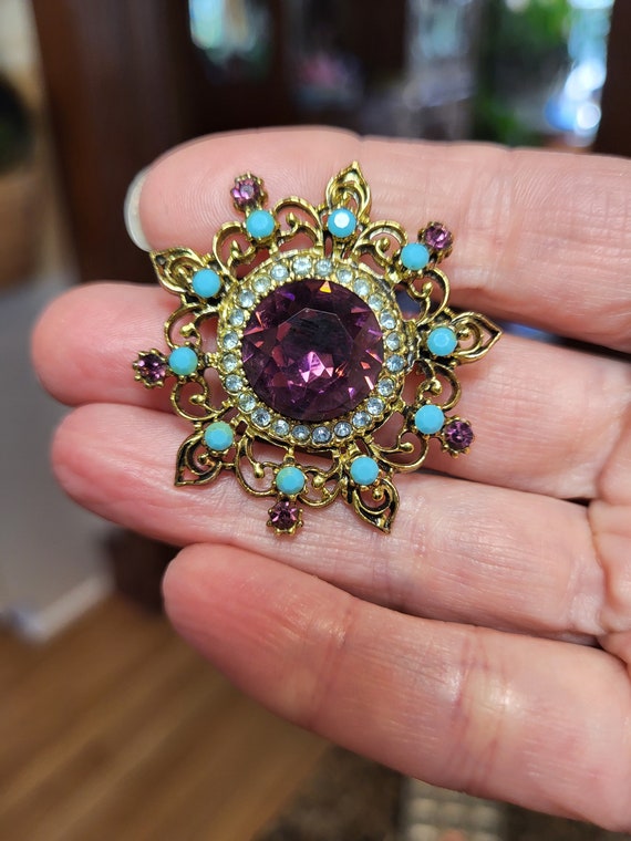 FLORENZA ブローチ カラフルストーン ヴィンテージ Vintage Amethyst Faux Turquoise Rhinestones Florenza Style Brooch