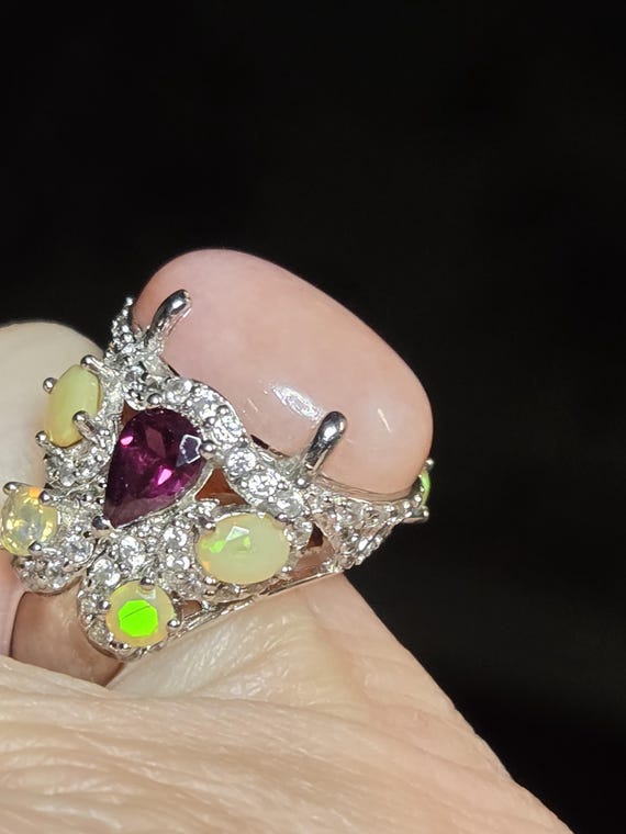 Opal and Garnet Statement Ring Sterling size 4 - image 1