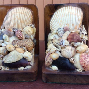 May include: Pair of wooden bookends decorated with a variety of seashells. The bookends have a dark brown finish and are adorned with large, cream-colored scallop shells and smaller, colorful shells.