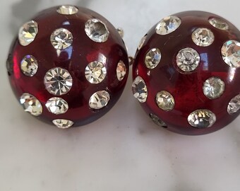 RED Lucite and Rhinestone Clip on Earrings