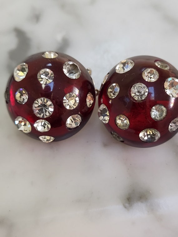 RED Lucite and Rhinestone Clip on Earrings - image 1