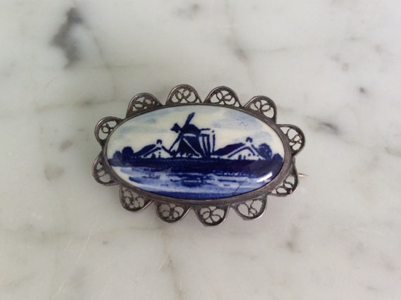 Delft Blue and White Brooch Windmill - image 2