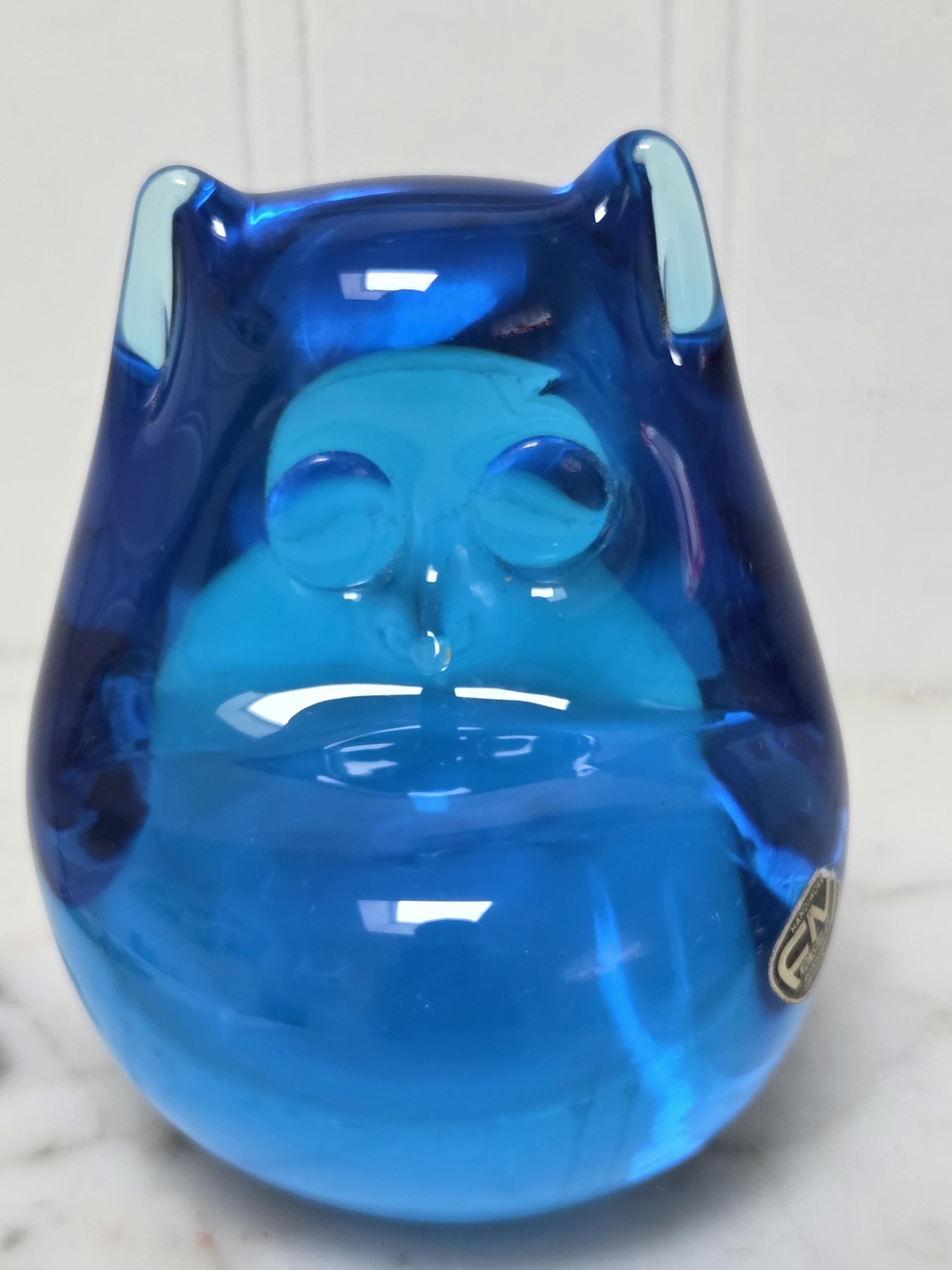 Konstglas Sweden Blue Glass Owl Paperweight